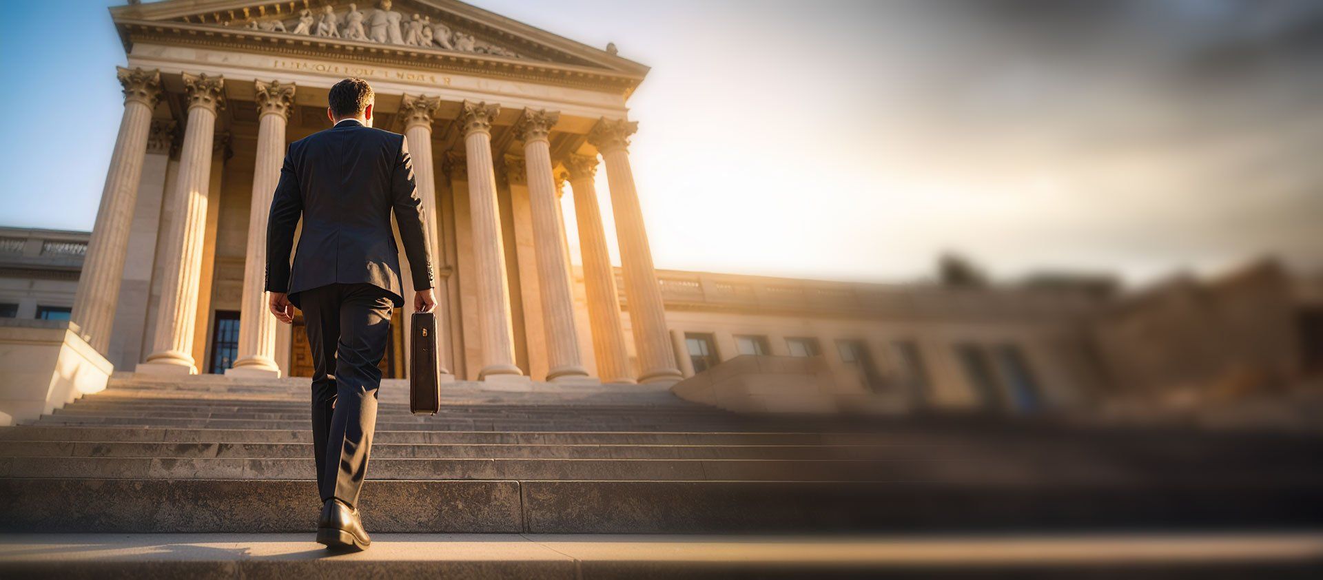 A man in a suit, carrying a briefcase, ascends the steps to the entrance of a bank designed in a Greco-Roman architectural style
